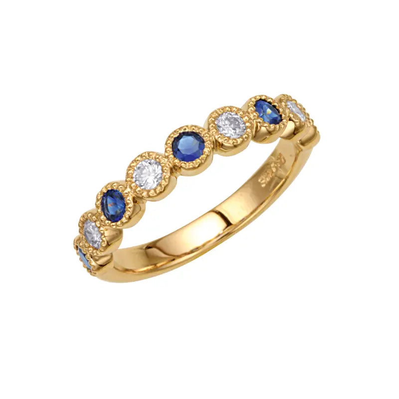 Round Bezel Diamond and Sapphire Wedding Band