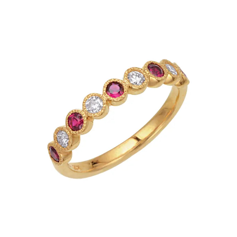 Round Bezel Diamond And Ruby Wedding Band